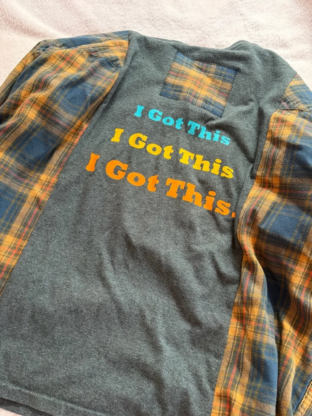 Gildan Dark Gray Long-Sleeve Tee with Yellow and Teal Graphic and Plaid Sleeves - Picture 5 of 5